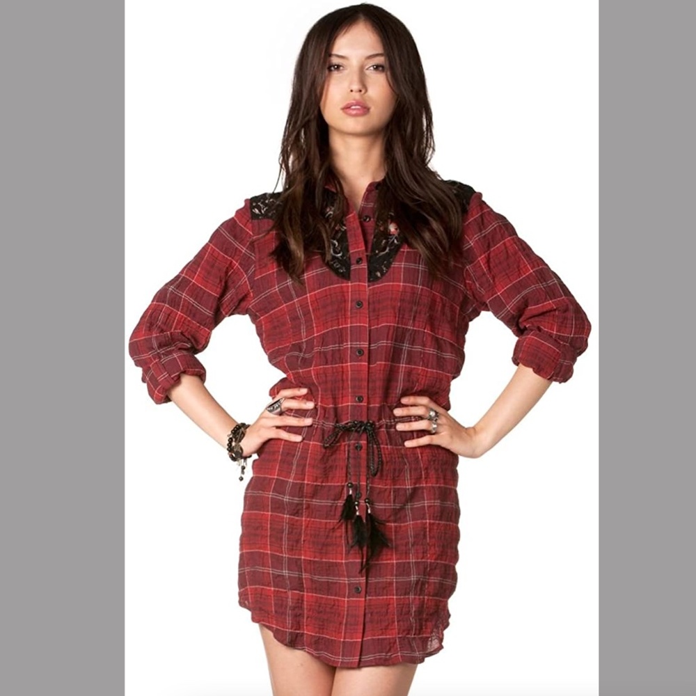 Miss Me Red Plaid Button Up Tunic Dress